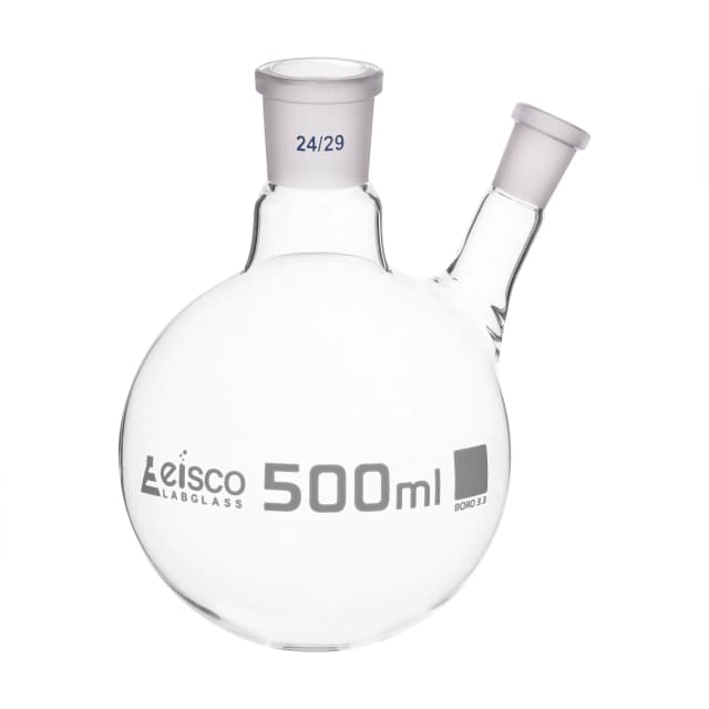 Flask with round bottom, cap. 500ml, borosilicate glass, one oblique neck with joint, centre socket 24/29, side socket 14/23