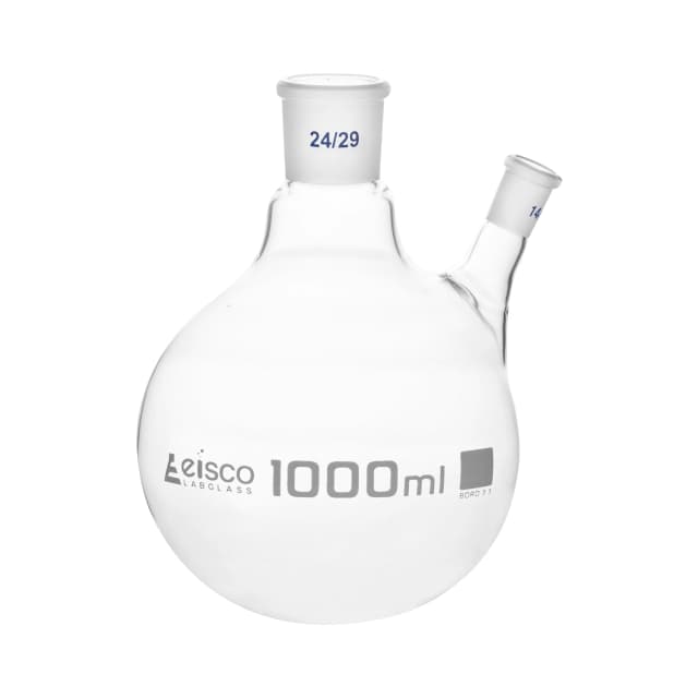 Flask with round bottom, cap. 1000ml, borosilicate glass, one oblique neck with joint, centre socket 24/29, side socket 14/23