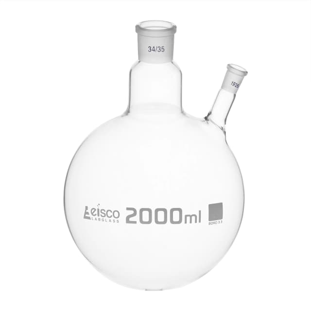 Flask with round bottom, cap. 2000ml, borosilicate glass, one oblique neck with joint, centre socket 34/35, side socket 19/26