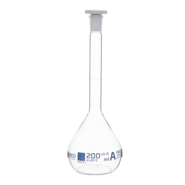 Flask Volumetric class 'A', cap. 200ml, socket size 14/23, borosilicate glass, Blue Printing