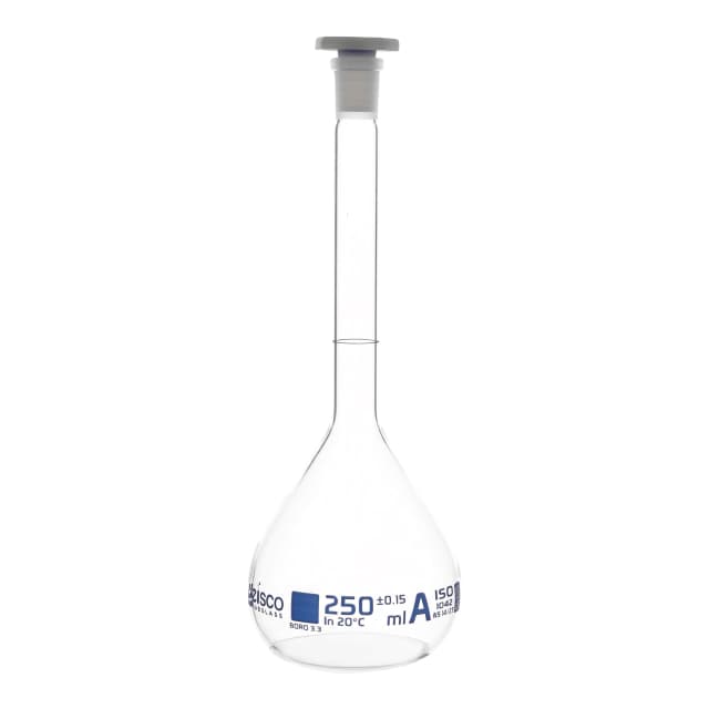 Flask Volumetric class 'A', cap. 250ml, socket size 14/23, borosilicate glass, Blue Printing