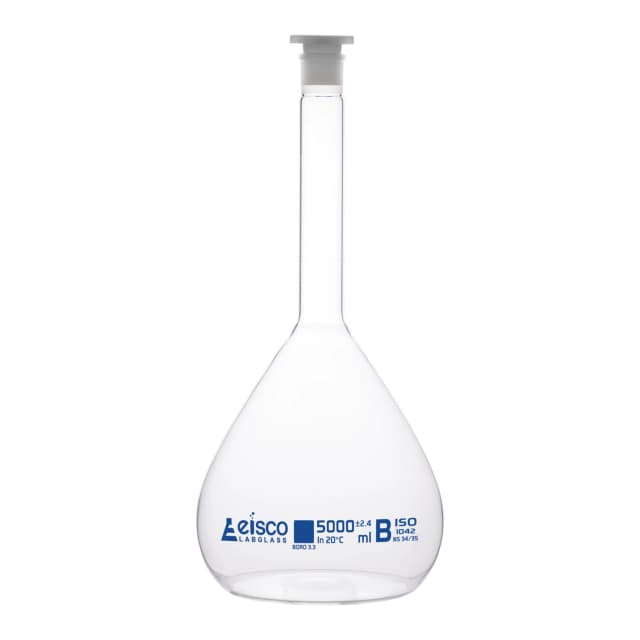 Flask Volumetric class 'B', cap. 5000ml, socket size 34/35, borosilicate glass, Blue Printing