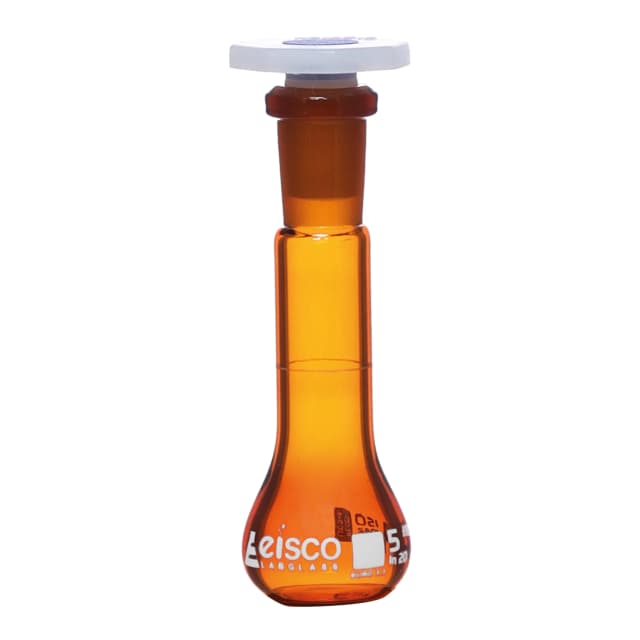 Flask Volumetric Amber, cap. 5ml, fitted with chemical resistance polypropylene stopper, borosilicate glass