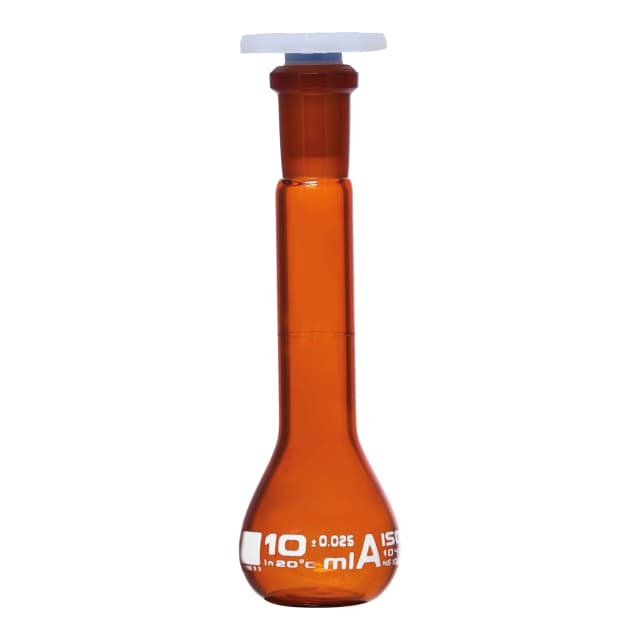 Flask Volumetric Amber, cap. 20ml, fitted with chemical resistance polypropylene stopper, borosilicate glass