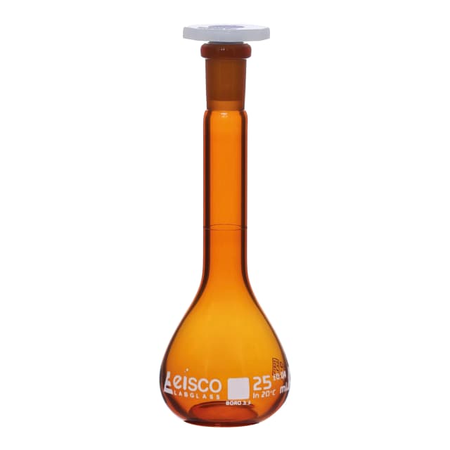 Flask Volumetric Amber, cap. 25ml, fitted with chemical resistance polypropylene stopper, borosilicate glass
