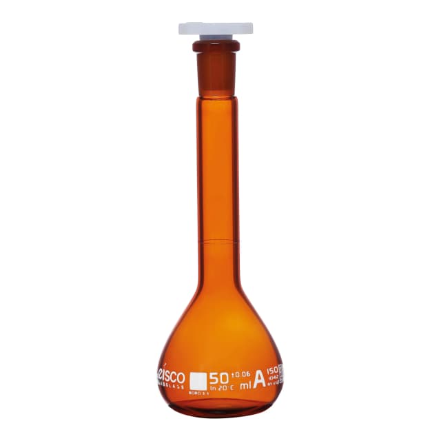 Flask Volumetric Amber, cap. 50ml, fitted with chemical resistance polypropylene stopper, borosilicate glass