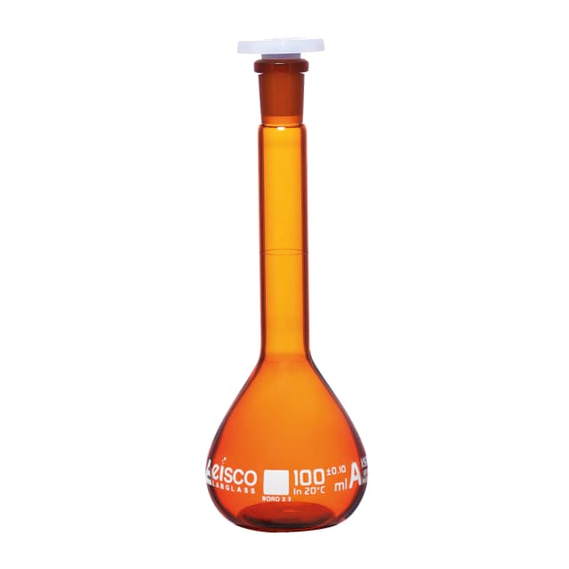 Flask Volumetric Amber, cap. 100ml, fitted with chemical resistance polypropylene stopper, borosilicate glass