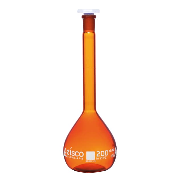 Flask Volumetric Amber, cap. 200ml, fitted with chemical resistance polypropylene stopper, borosilicate glass