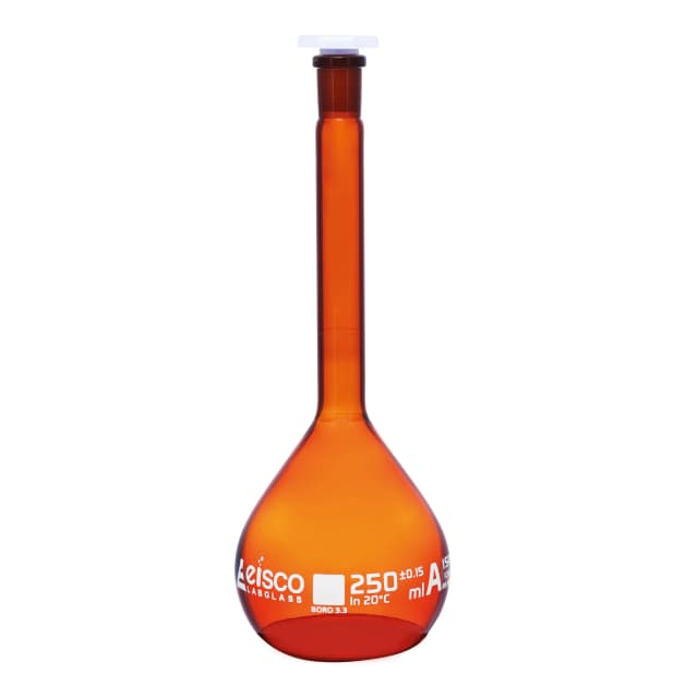 Flask Volumetric Amber, cap. 250ml, fitted with chemical resistance polypropylene stopper, borosilicate glass