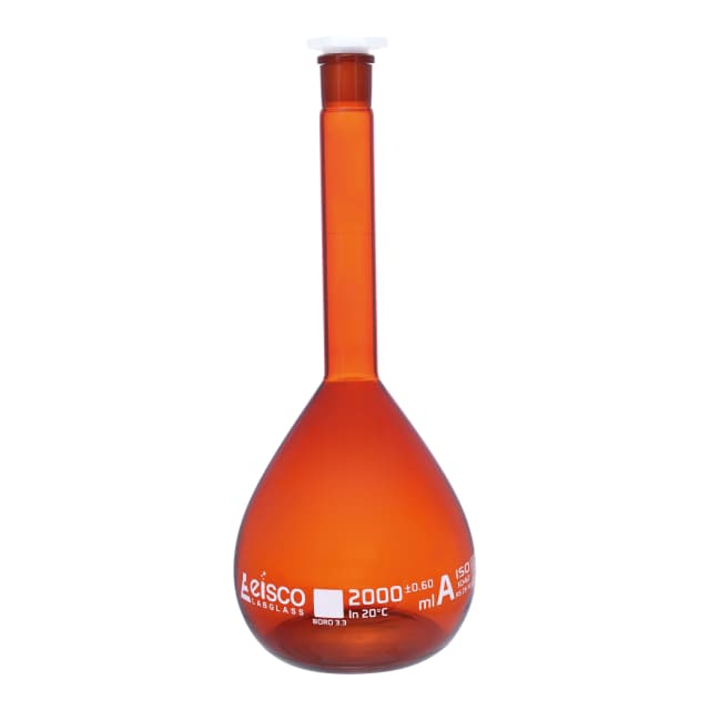 Flask Volumetric Amber, cap. 2000ml, fitted with chemical resistance polypropylene stopper, borosilicate glass