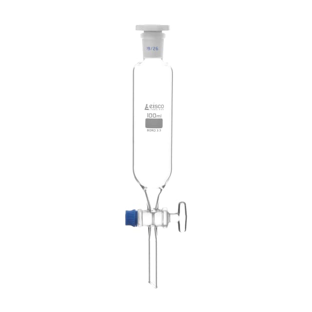 Funnel Dropping - Cylindrical, cap. 100ml, socket size 19/26, borosilicate glass, graduated cylindrical with glass stopcock & interchangeable plastic stopper