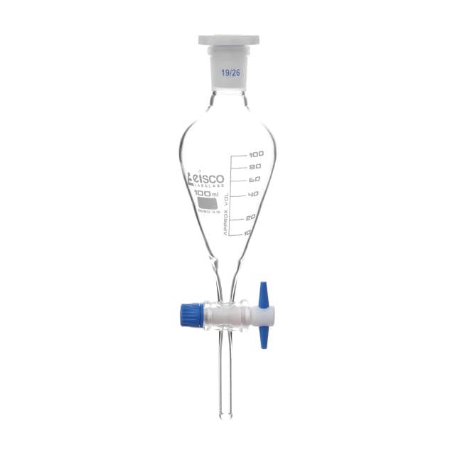 Funnel Separating - Squibb, cap. 100ml, socket size 19/26, borosilicate glass, with interchangeable plastic stopper and PTFE key stopcock, Gradauted