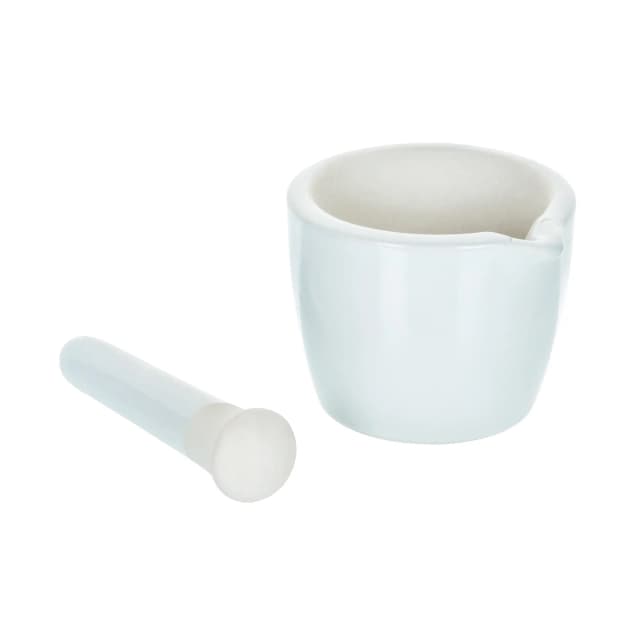 Mortar & Pestle, Porcelain, heavy pattern, outer dia 80mm, cap. 70ml.