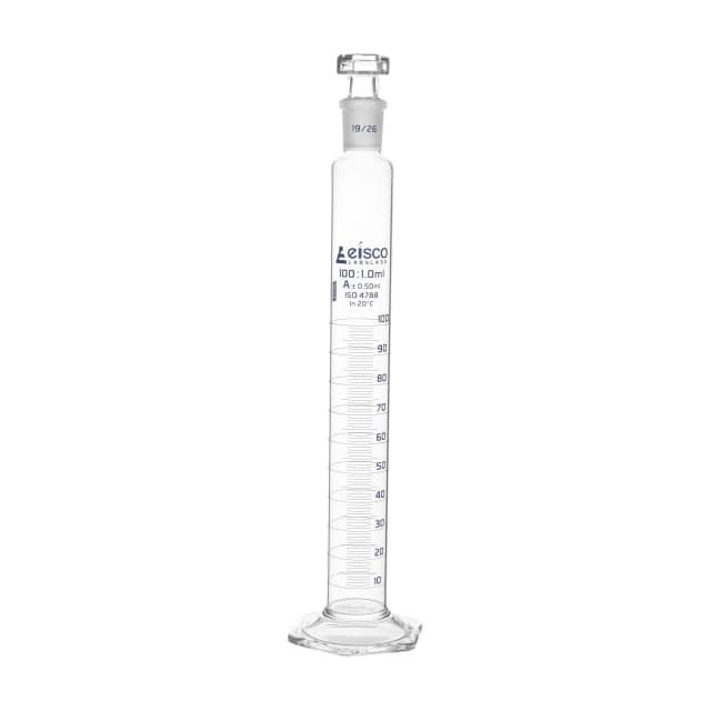 Cylinder Measuring Graduated, cap. 1000ml., class 'A',hexagonal base with interchangeable hexagonal glass/PP stopper & individual wok certificate with spout, borosilicate glass, Blue Graduation