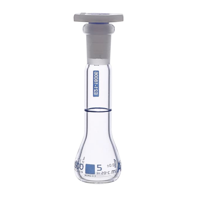 Flask Volumetric with USP & individual work certificate, Polypropylene Stopper,Class A, 5 ml,socket size 10/19, borosilicate glass.Blue Printing