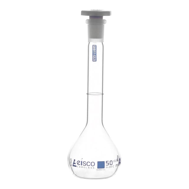 Flask Volumetric with USP & individual work certificate, Polypropylene Stopper,Class A, 50 ml,socket size 10/19, borosilicate glass.Blue Printing