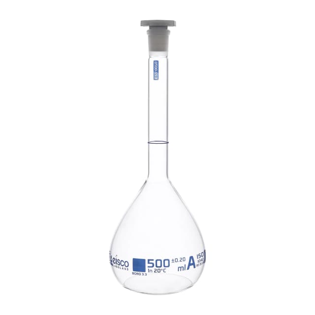 Flask Volumetric with USP & individual work certificate, Polypropylene Stopper,Class A, 500 ml,socket size 14/23, borosilicate glass.Blue Printing