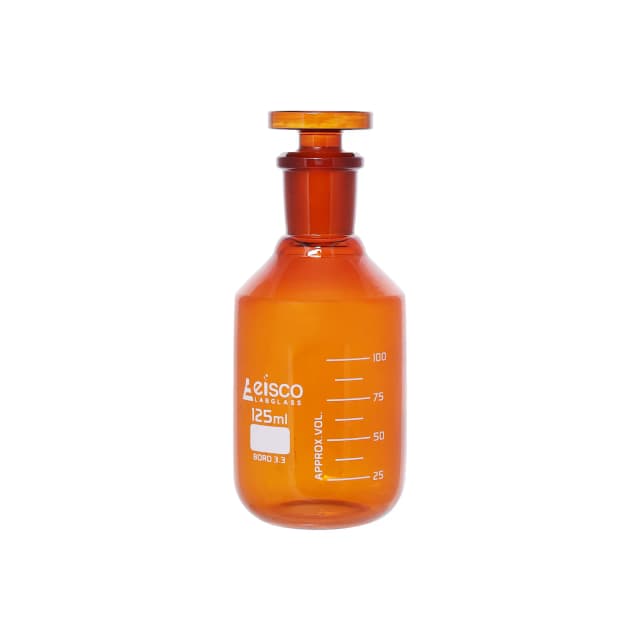 Reagent Bottle Amber Graduated with solid glass stopper cap. 125ml 14/23