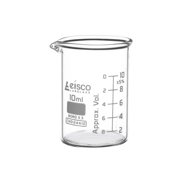 Vaso de precipitados de 10 ml, ASTM, forma baja con pico, graduaciones en blanco, vidrio de borosilicato 3.3, Eisco Labs