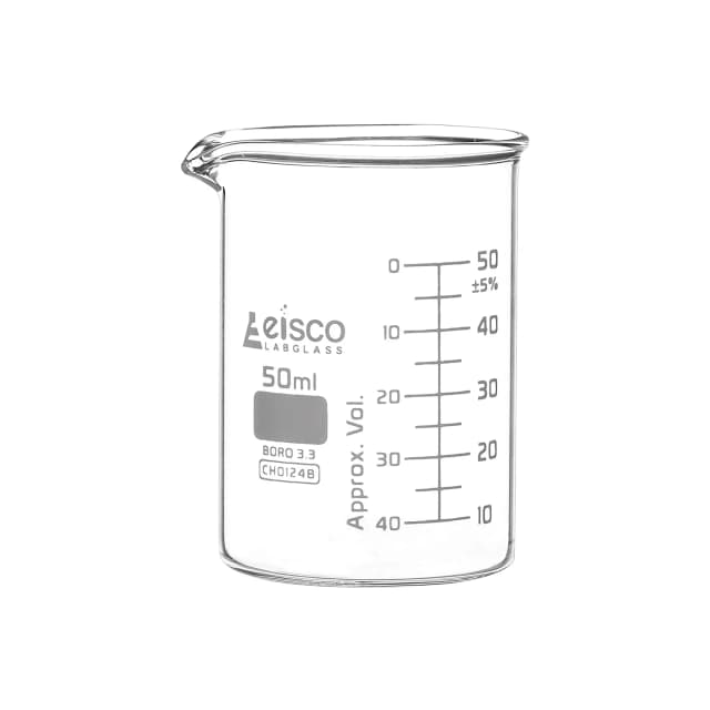 Vaso de precipitados, 50 ml, ASTM, forma baja, graduaciones de escala doble, vidrio de borosilicato Eisco