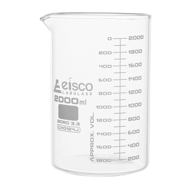 Vaso de precipitados, 2000 ml, ASTM, forma baja, graduaciones de doble escala, vidrio de borosilicato EISCO