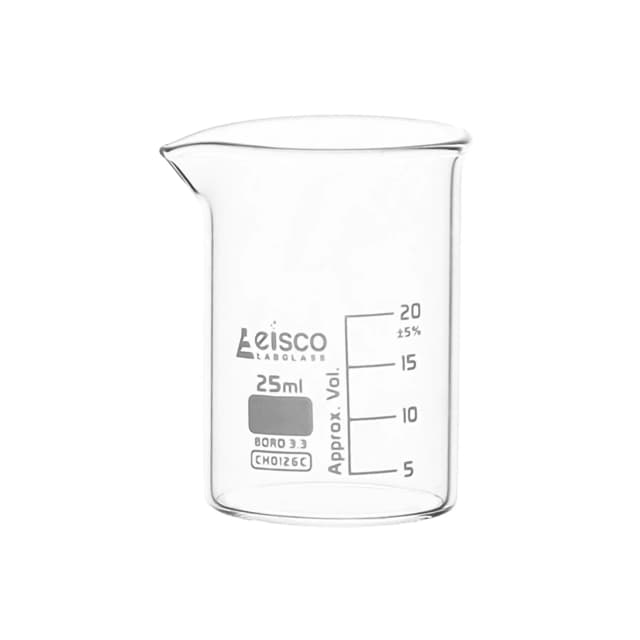 Vaso de precipitados de vidrio de borosilicato de forma baja, con pico vertedor, graduado, 25 ml. Eisco