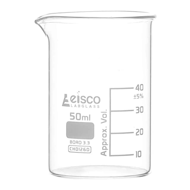 Vaso de precipitados de vidrio de borosilicato de forma baja, con pico vertedor, graduado, 50 ml. Eisco
