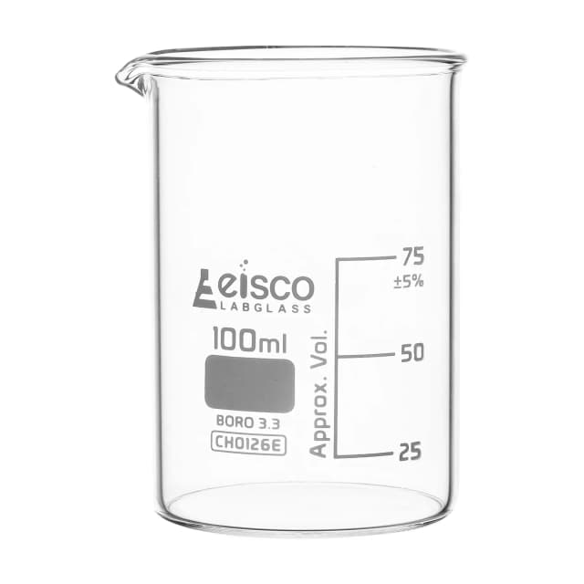 Vaso de precipitados de vidrio de borosilicato de forma baja, con pico vertedor, graduado, 100 ml. Eisco