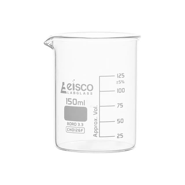 Vaso de precipitados de vidrio de borosilicato de forma baja, con pico vertedor, graduado, 150 ml. Eisco