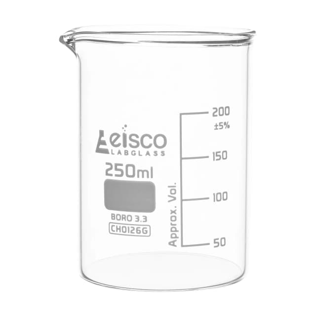 Vaso de precipitados de vidrio de borosilicato de forma baja, con pico vertedor, graduado, 250 ml. Eisco