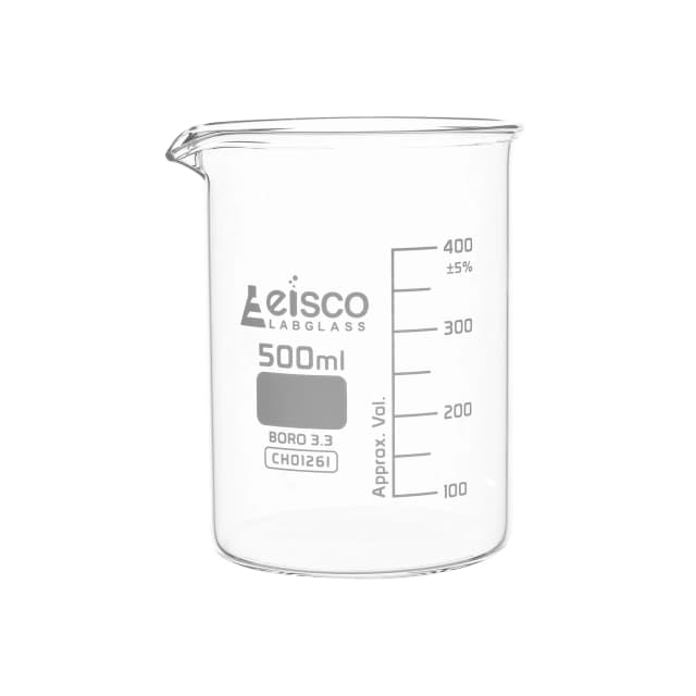 Vaso de precipitados de vidrio de borosilicato de forma baja, con pico vertedor, graduado, 500 ml. Eisco