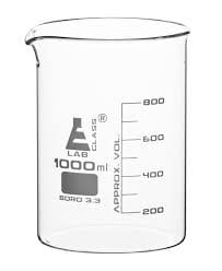 Vaso de precipitados de vidrio de borosilicato de forma baja, con pico vertedor, graduado, 1000 ml. Eisco