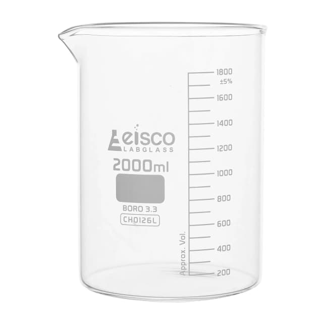 Vaso de precipitados de vidrio de borosilicato de forma baja, con pico vertedor, graduado, 2000 ml. Eisco