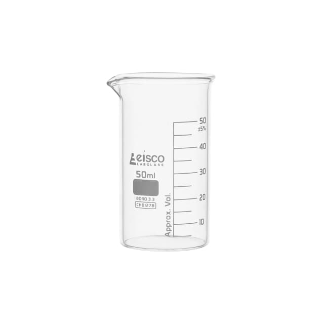 Vaso de precipitados alto, con pico vertedor, de vidrio de borosilicato, graduado, 50 ml. Eisco