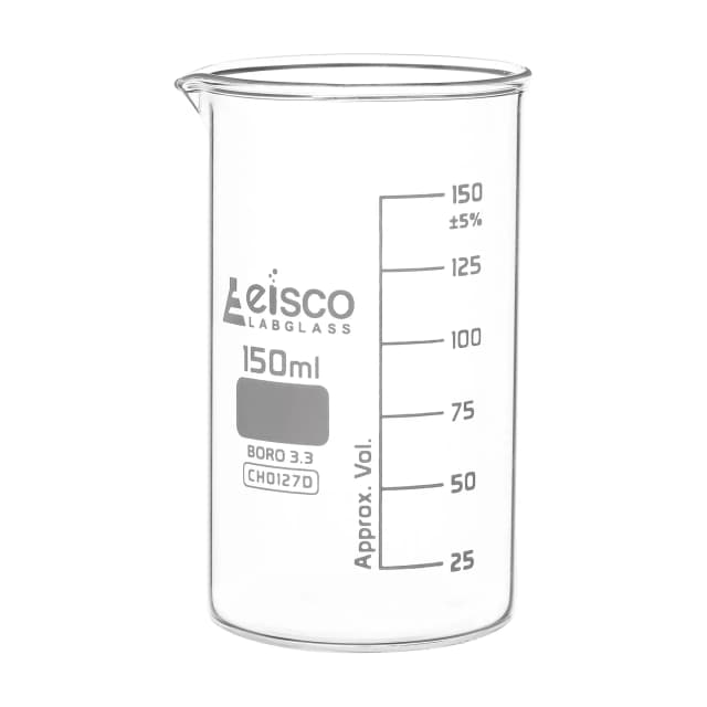 Vaso de precipitados alto, con pico vertedor, de vidrio de borosilicato, graduado, 150 ml. Eisco