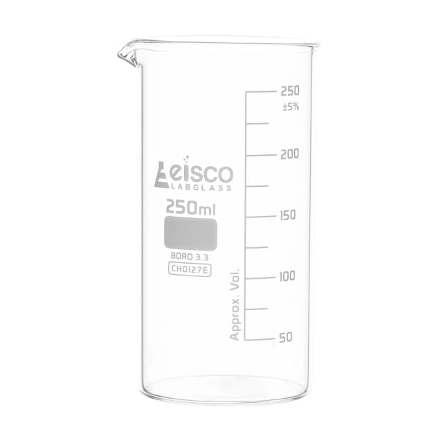 Vaso de precipitados alto, con pico vertedor, fabricado en vidrio borosilicato, graduado, 250 ml.Eisco
