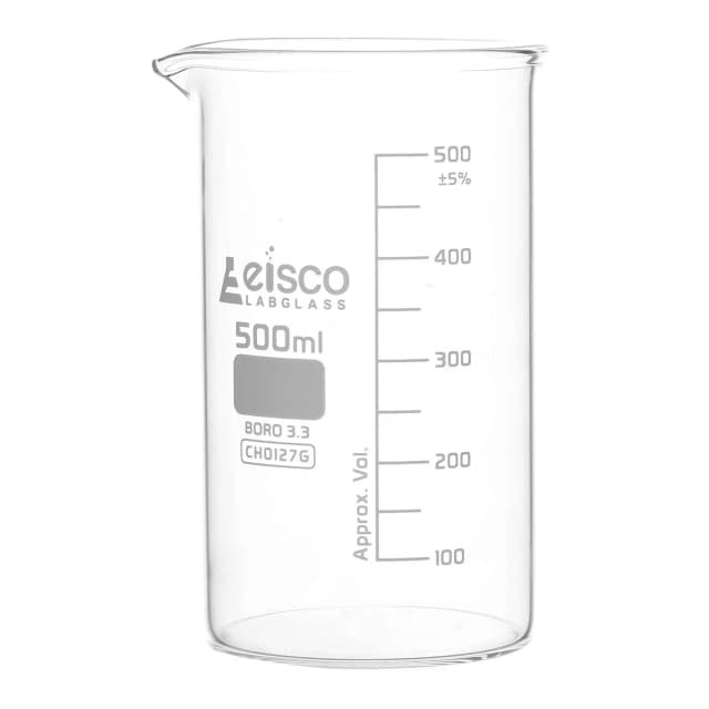 Vaso de precipitados alto, con pico vertedor, de vidrio de borosilicato, graduado, 500 ml. Eisco