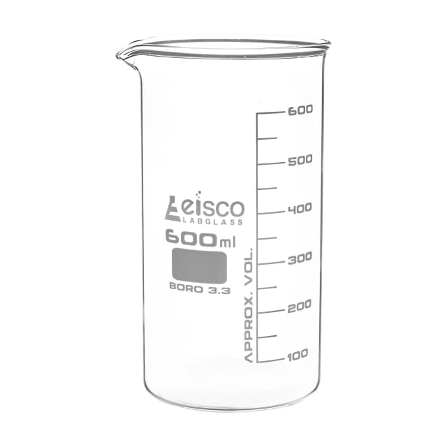 Vaso de precipitados alto, con pico vertedor, de vidrio de borosilicato, graduado, 600 ml. Eisco