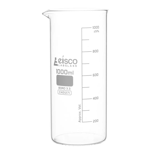Vaso de precipitados alto, con pico vertedor, de vidrio de borosilicato, graduado, 1000 ml. Eisco