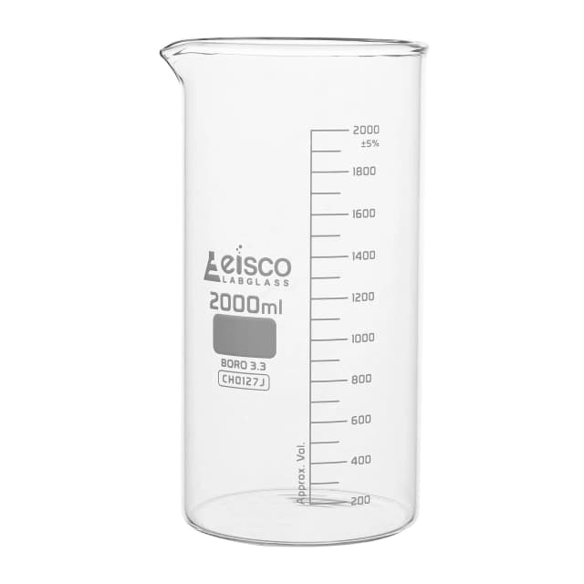 Vaso de precipitados alto, con pico vertedor, de vidrio de borosilicato, graduado, 2000 ml. Eisco