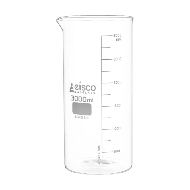 Vaso de precipitados alto, con pico vertedor, de vidrio de borosilicato, graduado, 3000 ml. Eisco