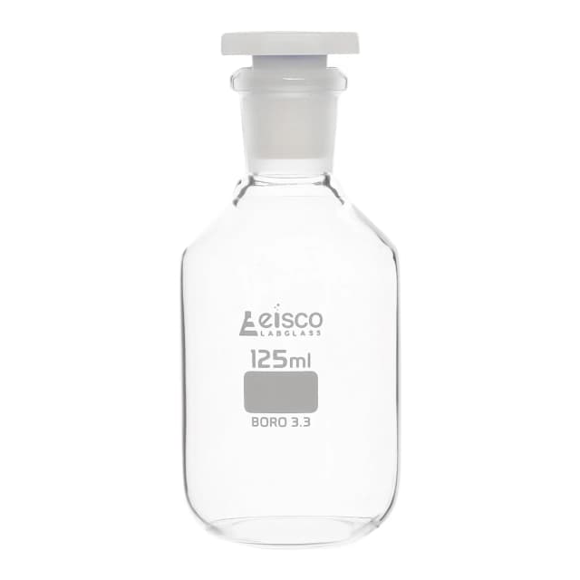 Botella de reactivo de vidrio de 125 ml (4,2 oz) con tapón de polipropileno resistente a los ácidos, vidrio de borosilicato 3.3 - Eisco Labs