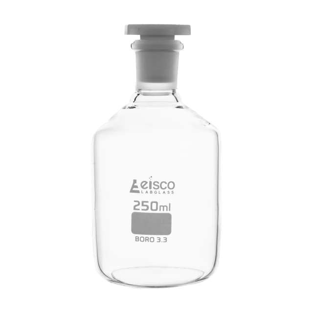 Bottle Reagent, made of borosilicate glass, narrow mouth with acid proof polypropylene stopper 250ml., socket size 19/26