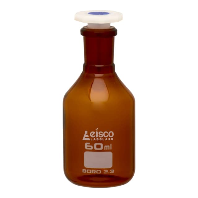 Bottle Reagent, Amber colour, narrow mouth with acid proof polypropylene stopper 60ml., socket size 14/23