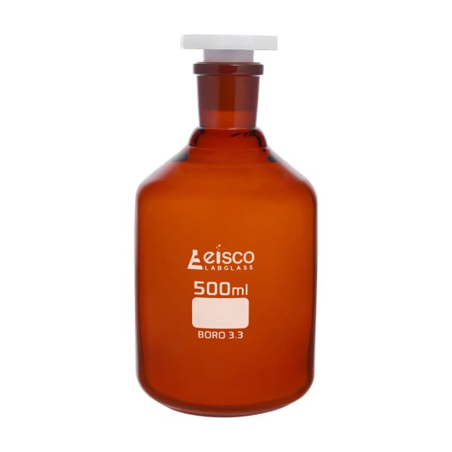 Bottle Reagent, Amber colour, narrow mouth with acid proof polypropylene stopper 500ml., socket size 24/29