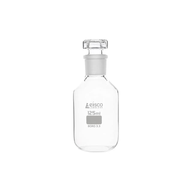 Bottle Reagent, made of borosilicate glass, narrow mouth with interchangeable hexagonal glass hollow stopper 125ml., socket size 19/26