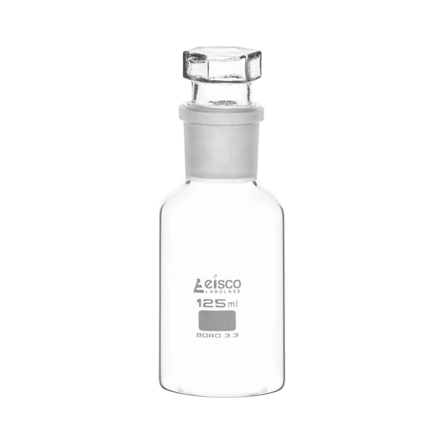 Bottle Reagent, borosilicate glass, wide mouth with interchangeable hexagonal glass hollow stopper 125ml, socket size 29/32