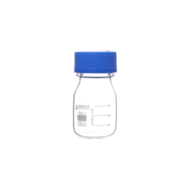 Botella de reactivo, 100 ml, transparente con tapa de rosca azul, graduaciones blancas, vidrio de borosilicato 3,3, Eisco Labs