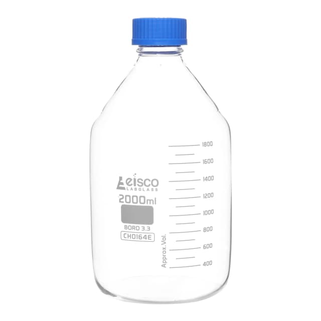 Botella de reactivo, 2000 ml, transparente con tapa de rosca azul, graduaciones blancas, vidrio de borosilicato 3,3, Eisco Labs