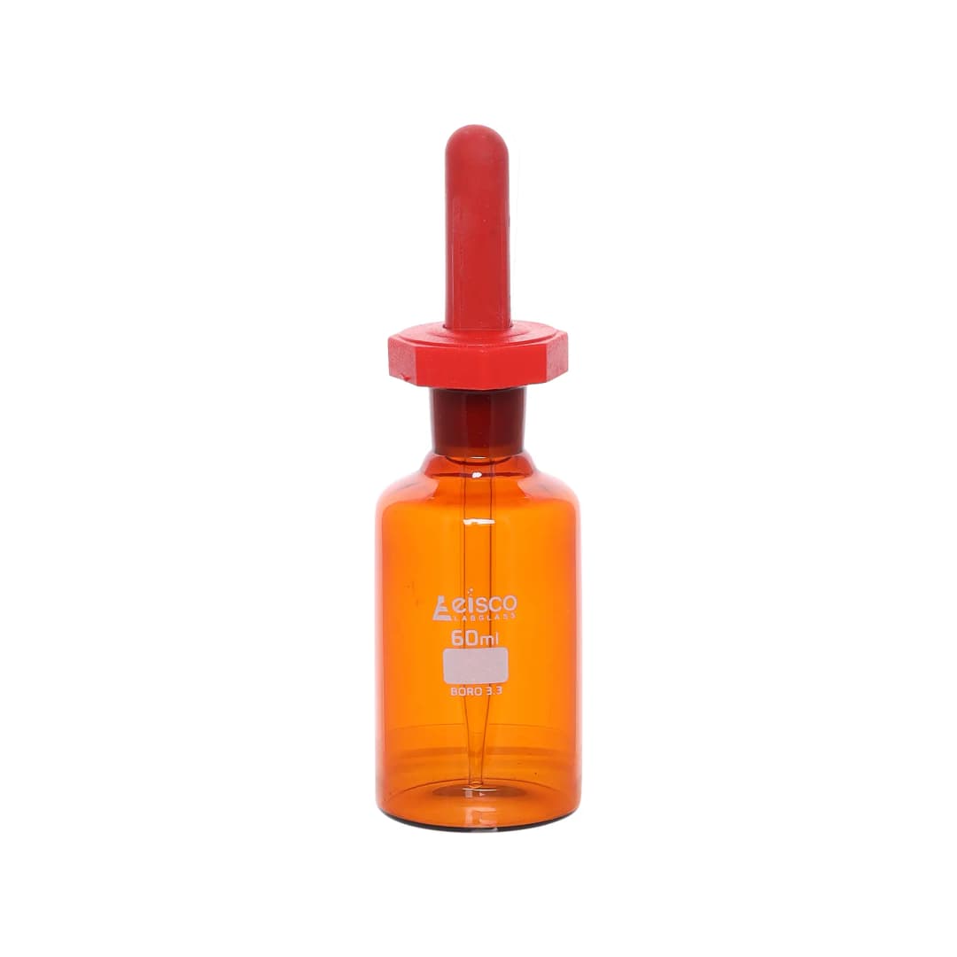 ( GOTERO) 60 ml (2 oz) - Pip eta cuentagotas - Vidrio de borosilicato 3.3 de color ámbar EISCO